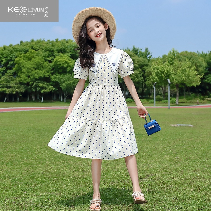 可莉允女童连衣裙夏季2023新款洋气短袖夏天中大童碎花儿童裙子夏装