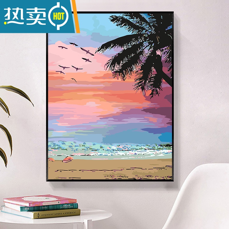 敬平diy数字油画风景日出填充填色丙烯画手工绘画减压油彩客厅装饰画装饰画 SJ3318 高亮颜料+专业油画布+画笔+配件30*40cm绷好加厚实木内