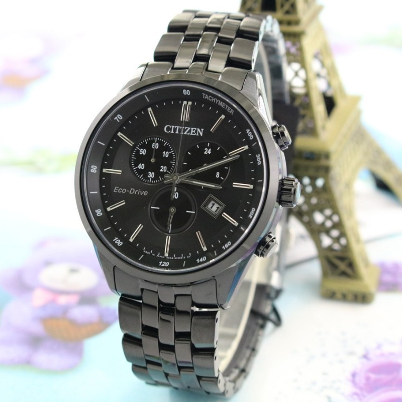 国行西铁城citizen手表光动能三眼日显黑盘不锈钢带时尚商务男表at2