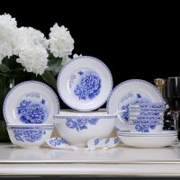 金禹瑞美(REMEC)套装 釉中彩骨瓷 22头富贵牡丹青花餐具套装 碗盘碟套装 礼品彩盒 乔迁餐具 陶瓷餐具