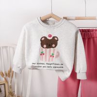 女童儿童春装运动套装春季新款女韩版卡通印花卫衣卫裤两件套 灰白色小熊卫衣+粉色裤子 100