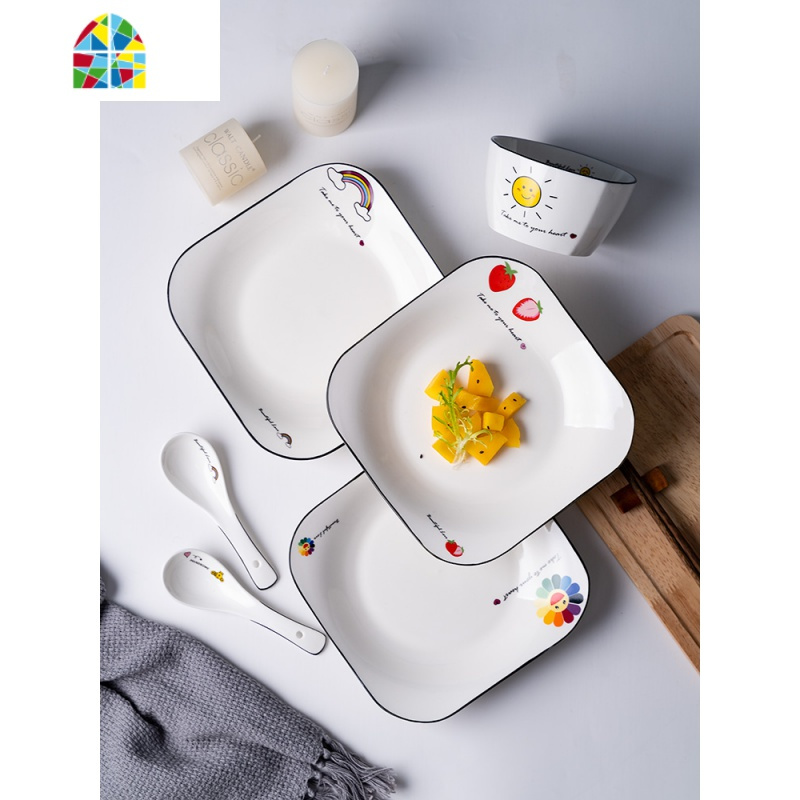 陶瓷餐具套装可爱卡通家用饭碗早餐盘子菜盘北欧创意盘碗碟 FENGHOU 正能量4饭碗4小勺