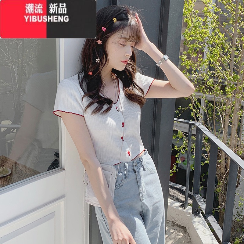 YIBUSHENG装2024新款薄款冰丝针织短袖T恤女内搭欧美ins潮小个子短款IE高清大图
