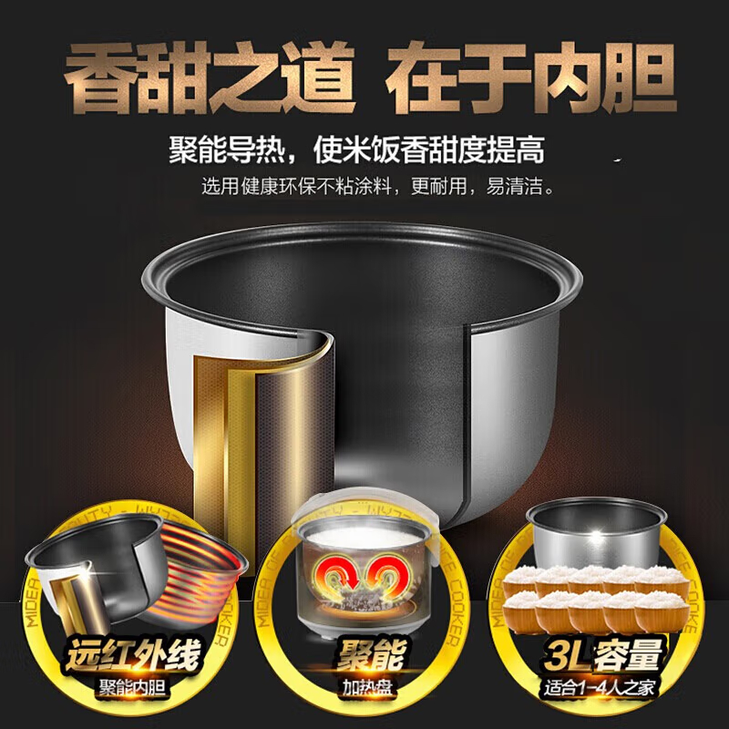 美的 (Midea)3L电饭煲 精铸发热盘 简单易控 黑晶内胆电饭锅(无蒸屉)高清大图