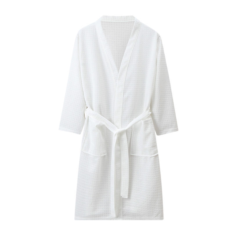 春秋冬情侣睡袍女长袖华夫格纯色酒店浴衣袍男中长款大码 222#白色长袖男 L