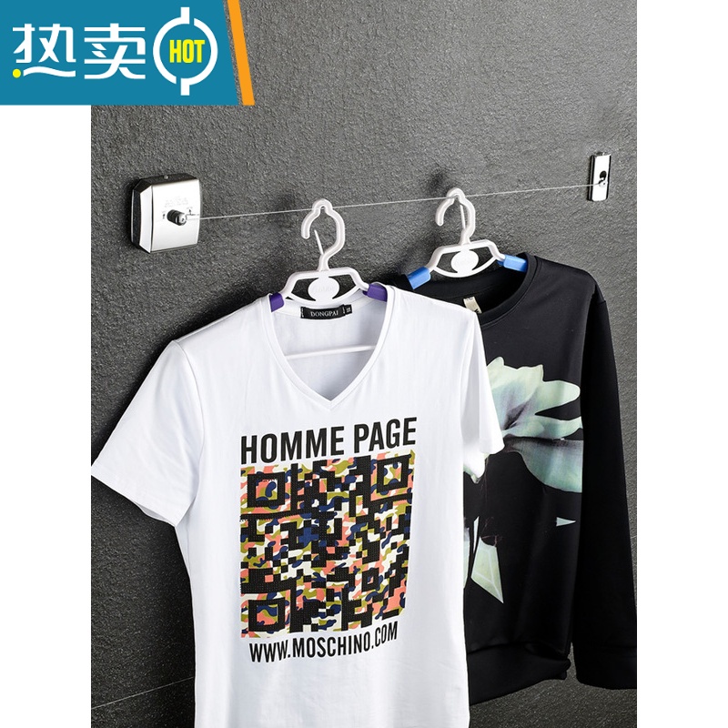 敬平免打孔不锈钢隐形晾衣绳阳台晾衣器凉衣绳室内晾衣架伸缩晒衣绳 圆形尼龙绳2.8米(无滑轮)打孔绳子高清大图