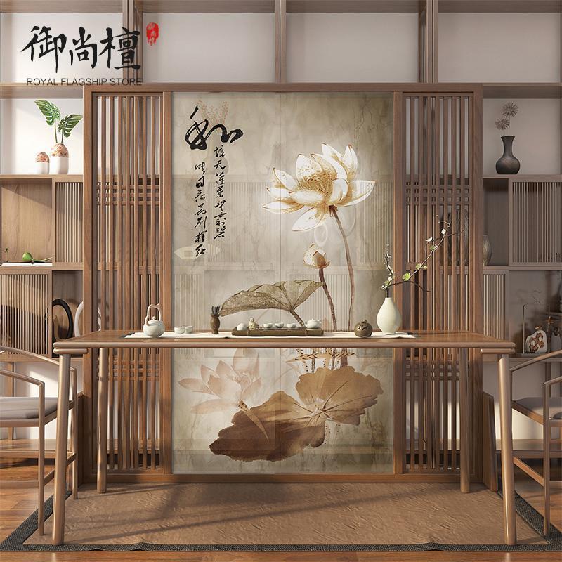 中式屏风遮挡家用古典荷花装饰大堂隔断客厅时尚半透实木镂空座屏_265