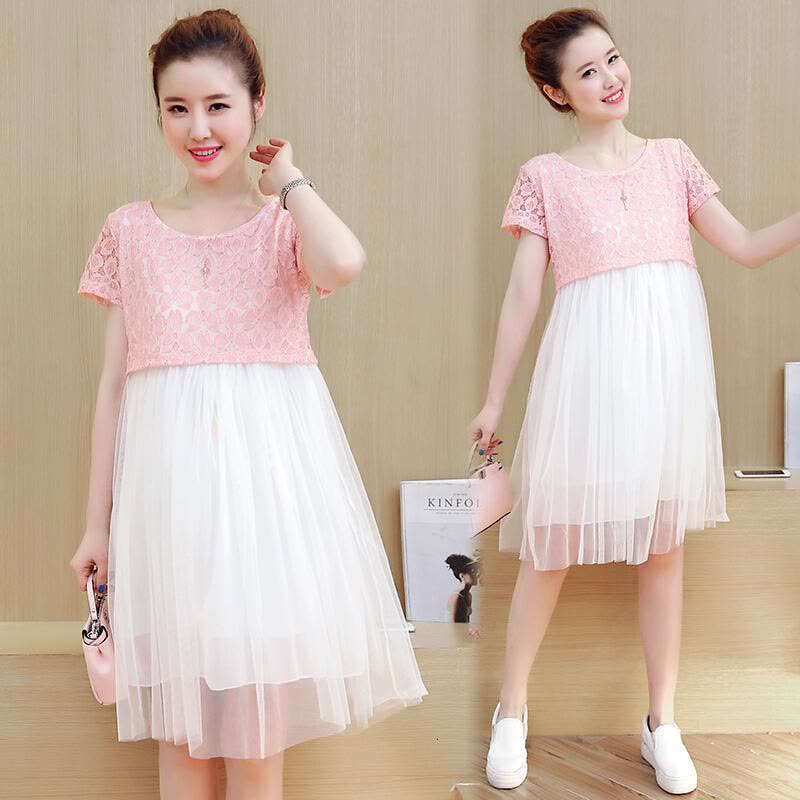 迪鲁奥(DILUAO)孕妇装孕妇夏装新款孕妇连衣裙蕾丝网纱中长款连衣裙孕妇裙B58-35 粉色 均码图片