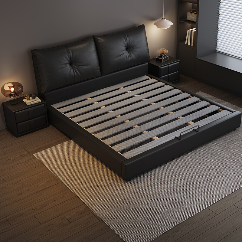 意式轻奢真皮床现代简约主卧室双人床黑色家用储物床软包实木婚床高清大图