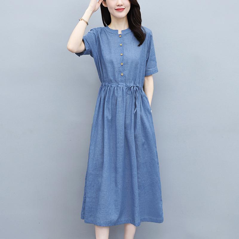 班图诗妮v领印花短袖中长款连衣裙2020新款夏气质时尚裙子宽松女装