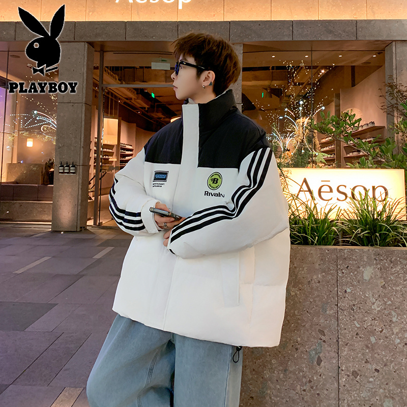 花花公子新款白鸭绒立领外套潮款拼接撞色羽绒服阔版保暖高清大图