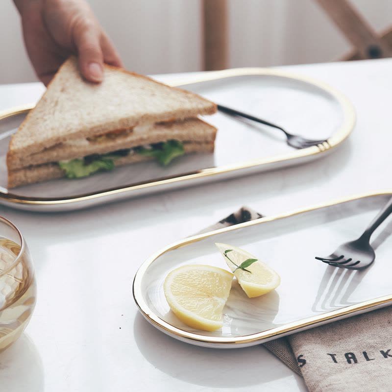 北欧简约风陶瓷盘子大理石纹椭圆形托盘收纳盘 家用早餐盘甜点盘 砂石30*20图片