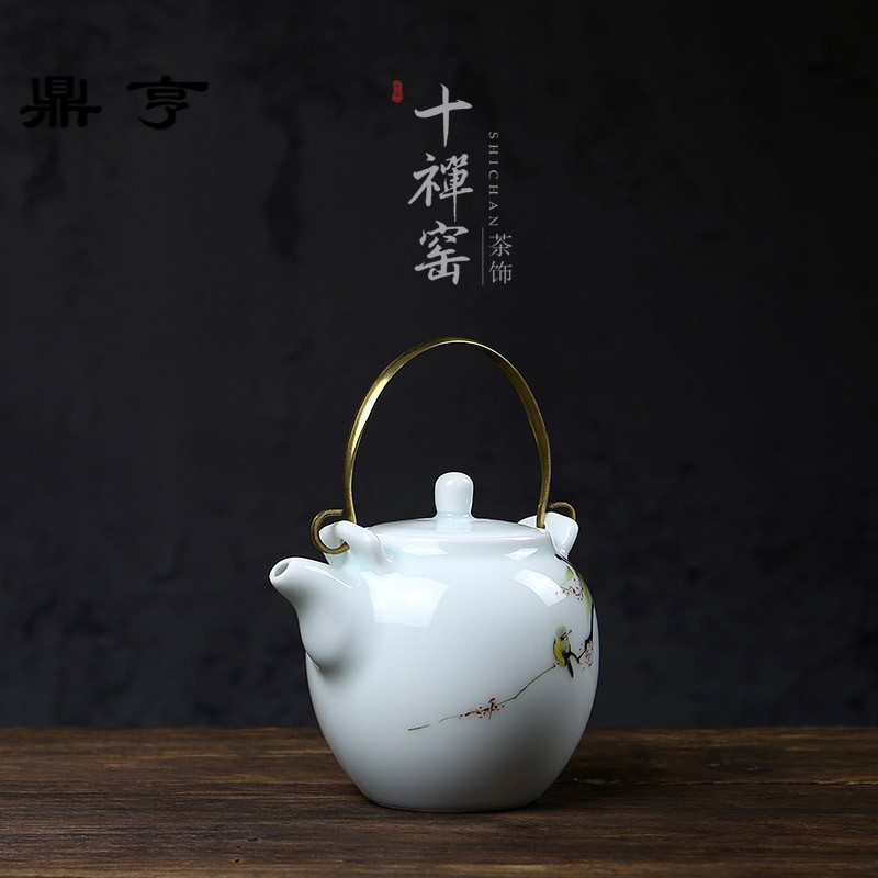 鼎亨 提梁壶 景德镇陶瓷手绘影青花鸟茶壶泡茶壶 功夫茶具套装