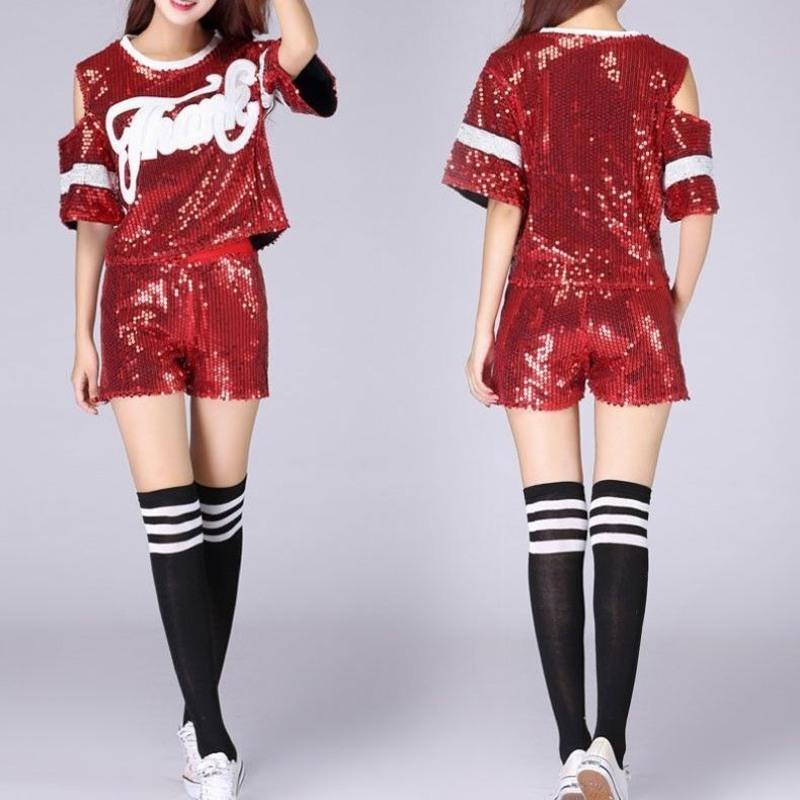 红色 上衣 S 现代曳步舞爵士舞表演服单肩女成人嘻哈学生啦啦操亮片演出服套装