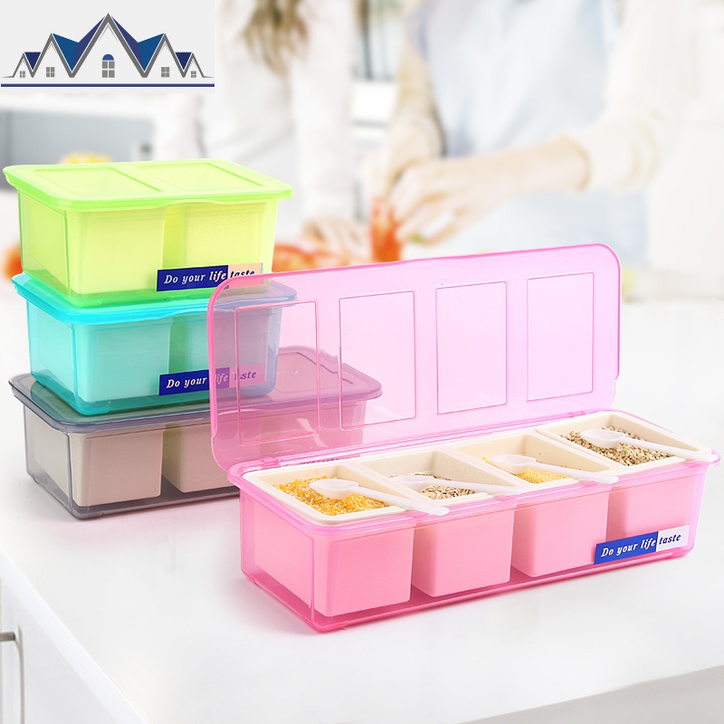 带勺调料盒厨房家用品具调味瓶盐味精佐料盒罐翻盖二三四格收纳盒 三维工匠高清大图