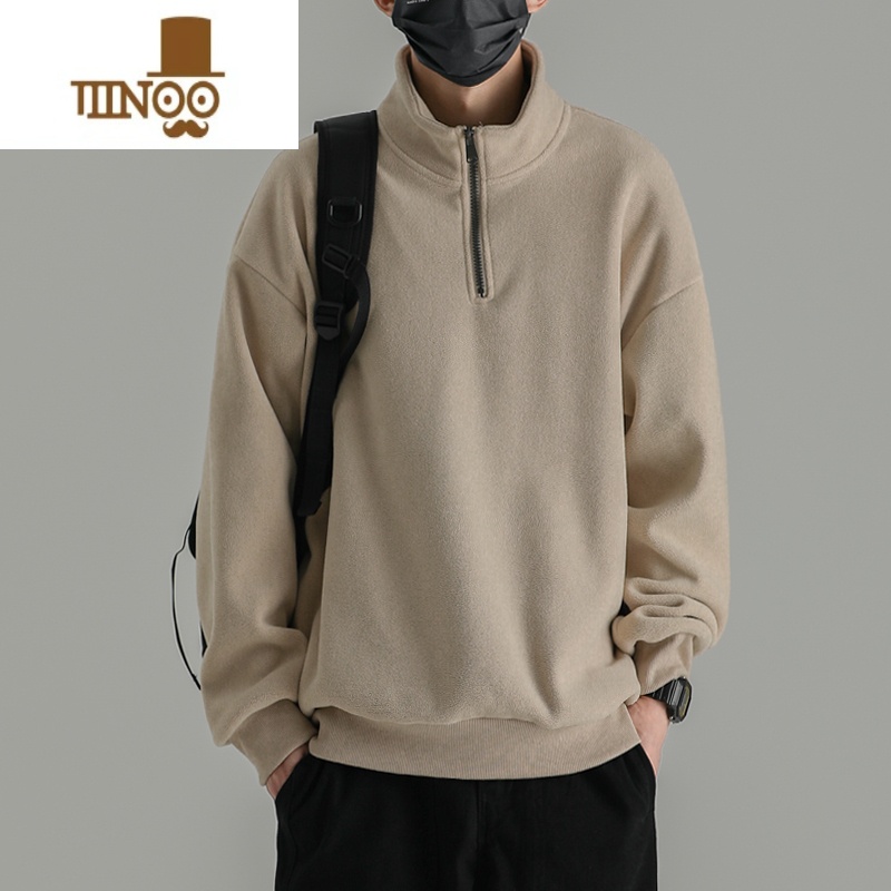 YANXU半拉链高领奥粒绒卫衣男日系复古纯色加绒厚外套双面绒上衣高清大图