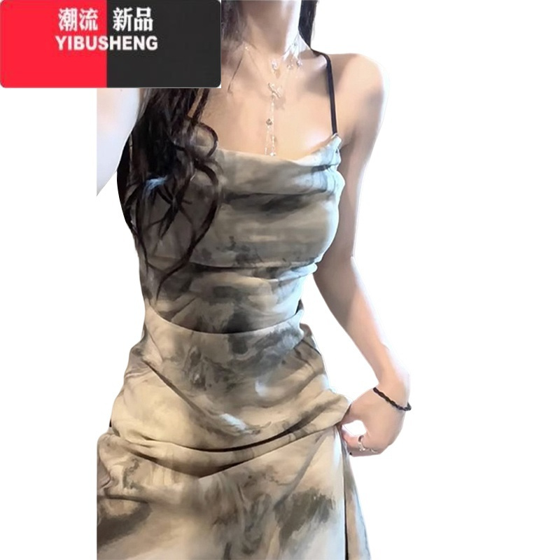 YIBUSHENG茶歇法式吊带连衣裙子女季2024新款油画收腰显瘦高级感气质长裙