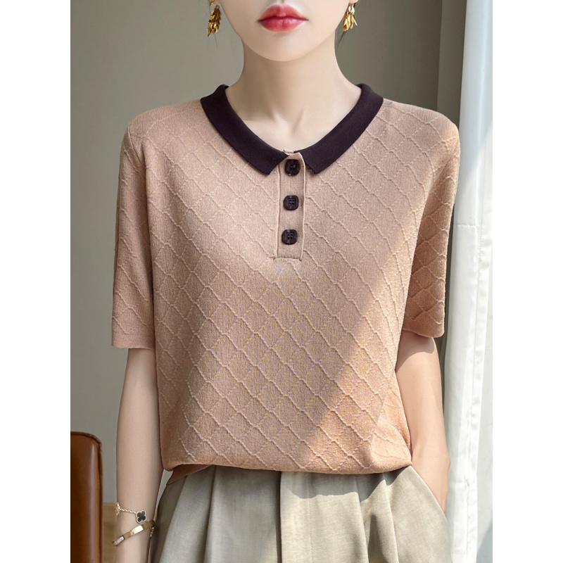 冰丝拼色翻领短袖女宽松新款韩版薄款菱形纽扣针织T恤衫上衣