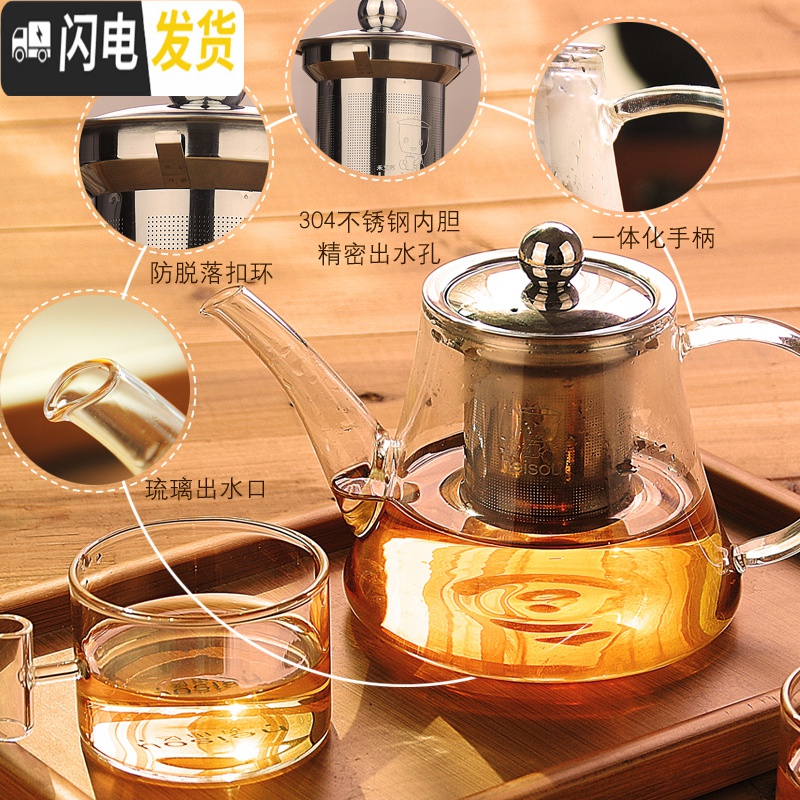 三维工匠大容量透明玻璃茶壶泡茶可高温不锈钢过滤玻璃功夫茶具套装 650(KC360)+2只KC39茶杯高清大图