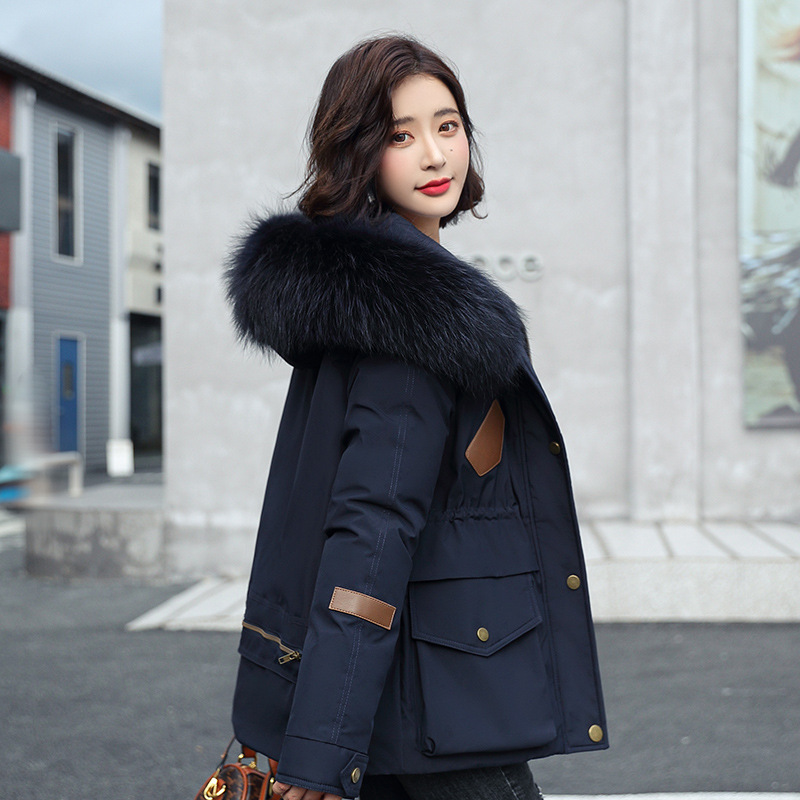 韩版女士短款大毛领工装派克服bf宽松抽绳收腰棉衣加绒棉服外套潮