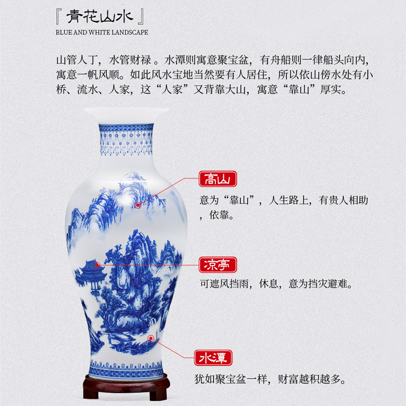 大号青花瓷富贵竹花瓶插花新中式家居客厅装饰品摆件景德镇陶瓷器 三维工匠 溪山行旅(鱼尾瓶)+底座高清大图