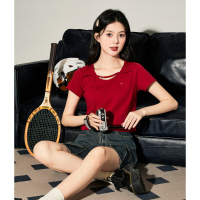 唐狮夏季短袖T恤女2024短款新款设计感修身别致小个子甜美上衣sz_27 S 酒红
