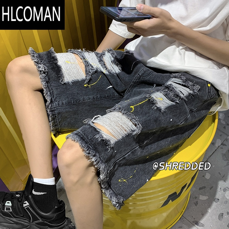 HLCOMAN破洞牛仔短裤男夏季薄款水洗宽松美式潮牌炸街设计感毛边五分中裤