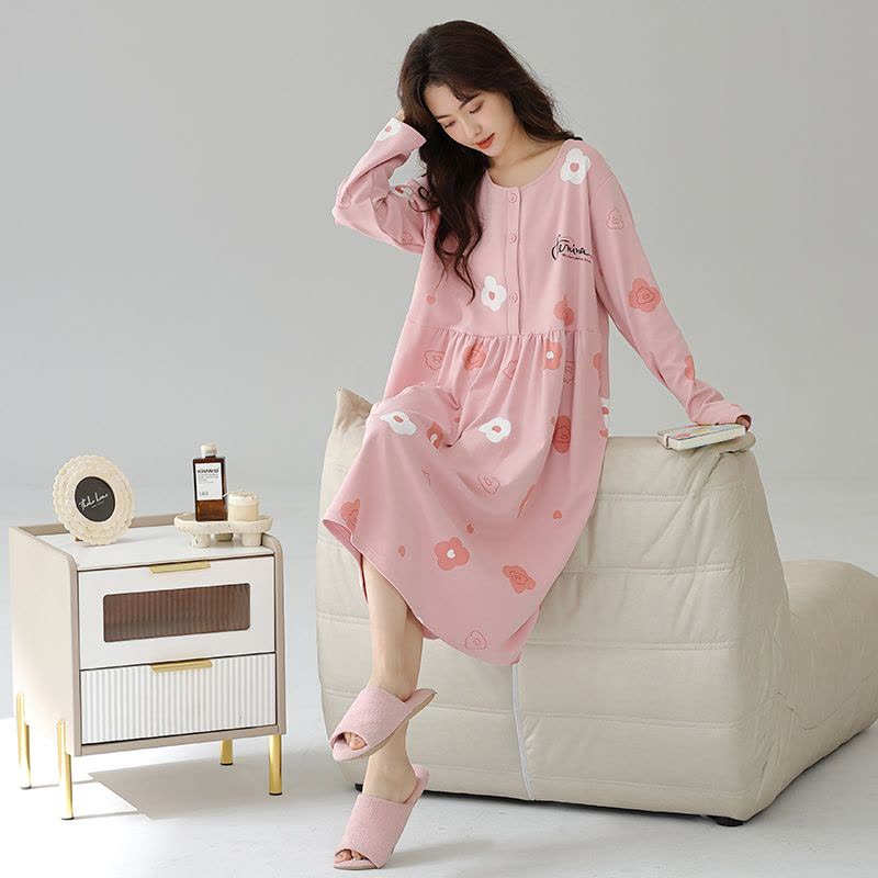 猫人待产裙孕妇带胸垫睡裙女士春夏季纯棉长袖月子家居服2025新款图片