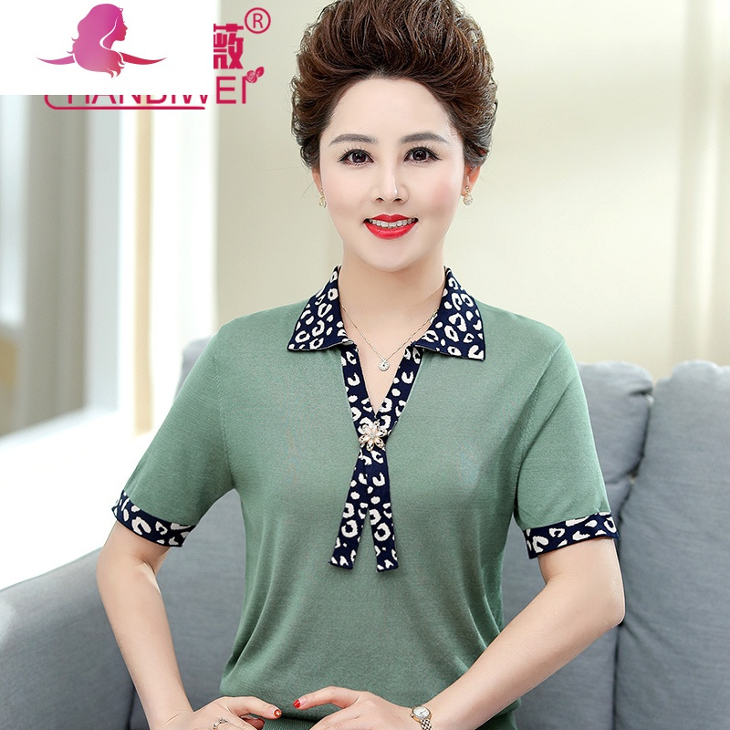 艳如飞高贵妈妈夏装新款上衣气质中老年女装冰丝t恤中年短袖女夏季