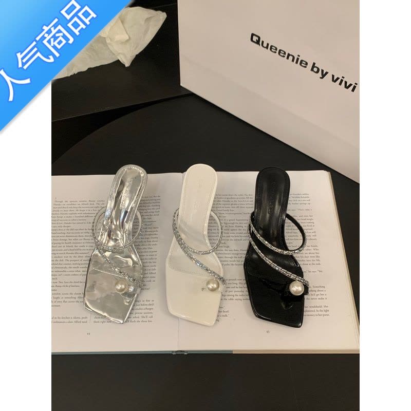 SUNTEK法式珍珠套趾凉拖鞋仙女鞋子外穿2023年新款夏季气质水钻高跟凉鞋图片