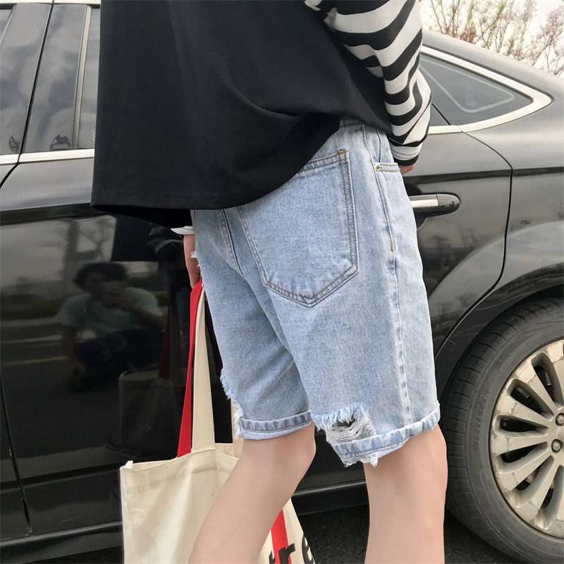 港风夏款新款破洞牛仔短裤男士韩版学生宽松中裤青年时尚五分裤子