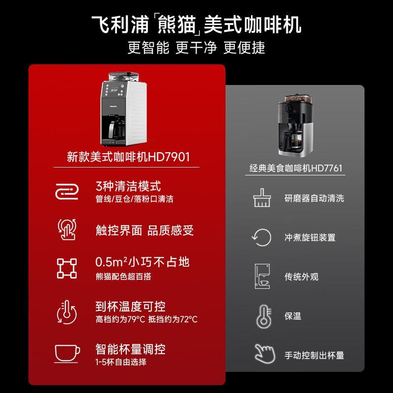 飞利浦(PHILIPS)全自动美式咖啡机家用全自动清洗3档研磨一体机 可拆卸式 HD7901/10高清大图