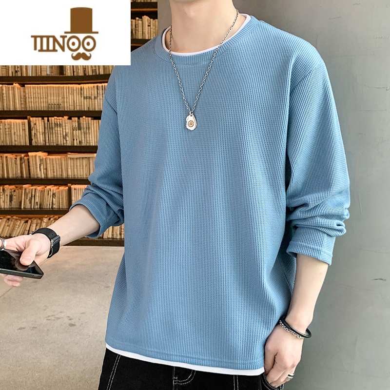 YANXU华夫格卫衣男长袖t恤圆领宽松大码薄款假美式外套高清大图