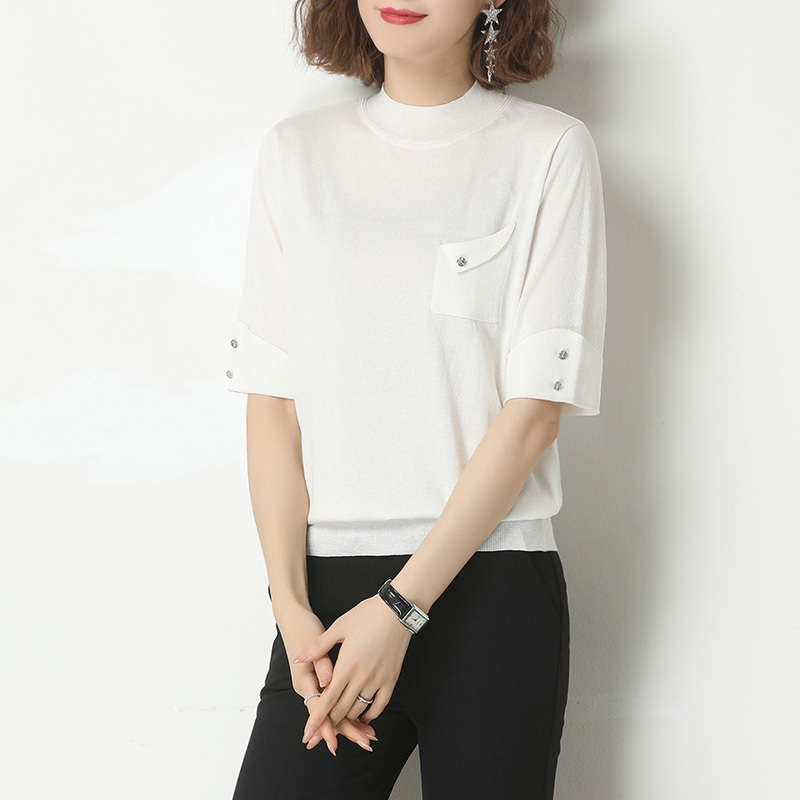 恋名媛妈妈夏季短袖t恤女半高领闪光丝冰丝针织薄中年小衫中袖亮丝