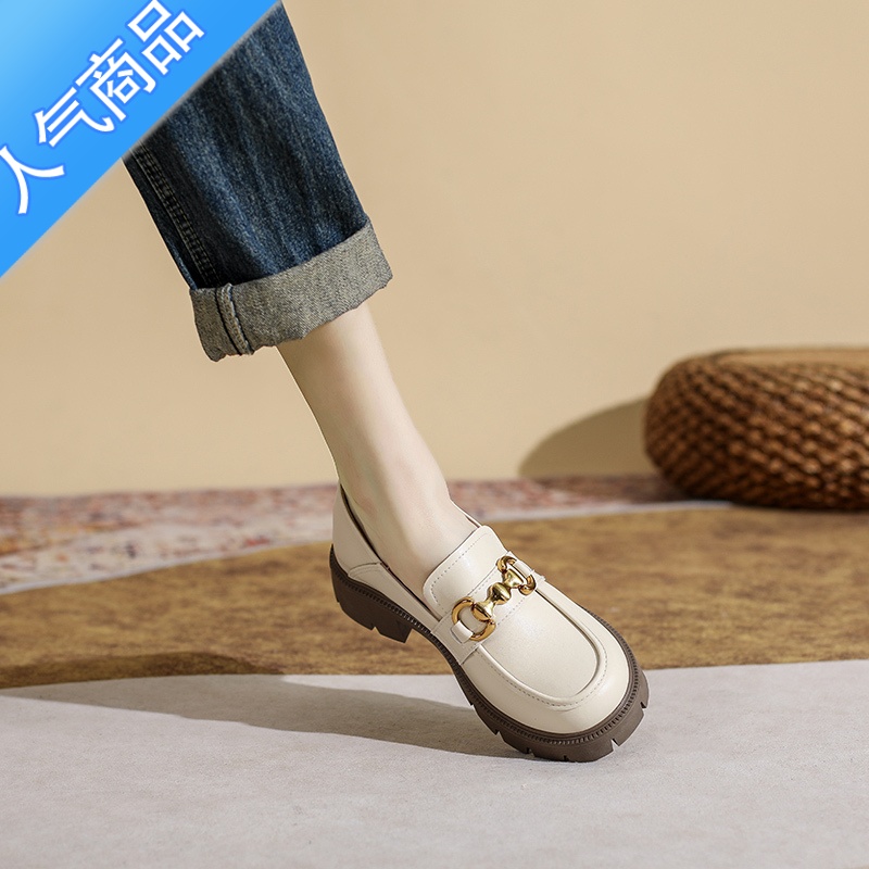 SUNTEK乐福鞋2023夏季新款复古黑色金属扣厚底粗跟内增高英伦风小皮鞋N高清大图