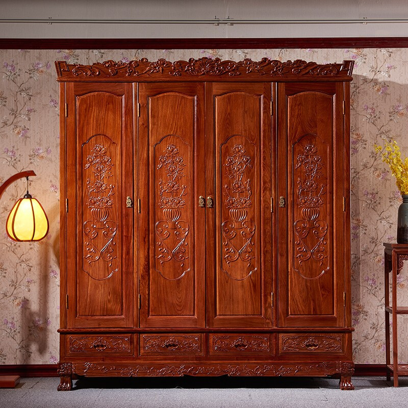 琪梦红木家具刺猬紫檀木四门衣柜中式全实木雕花组合衣橱储物柜大衣柜