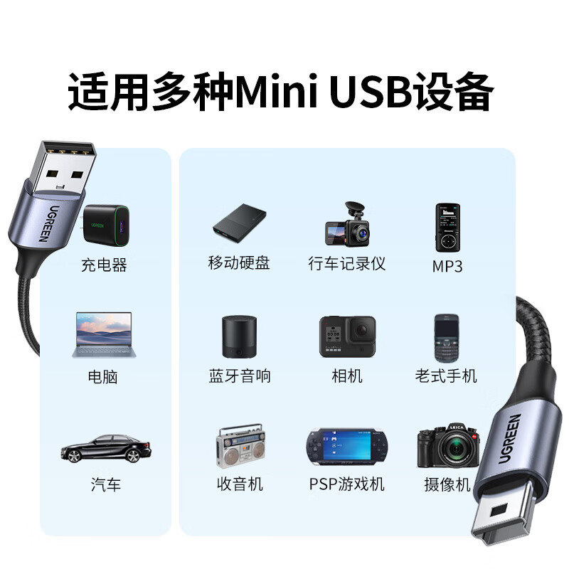 绿联mini usb数据线连移动硬盘线梯形口适用MP3收音机t型口 铝壳款2米 US375(80796)高清大图