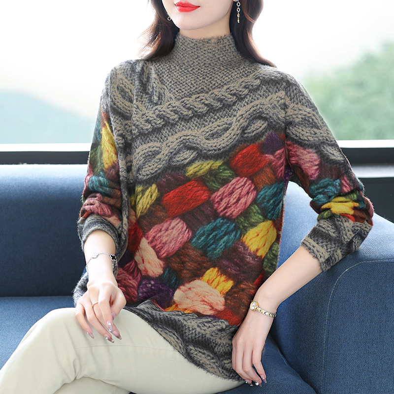 欧洲站设计高端印花半高领羊绒衫毛衣女士宽松春秋2024新款春秋装时尚洋气妈妈上衣针织衫打底衫羊毛衫套头毛衣女装高清大图