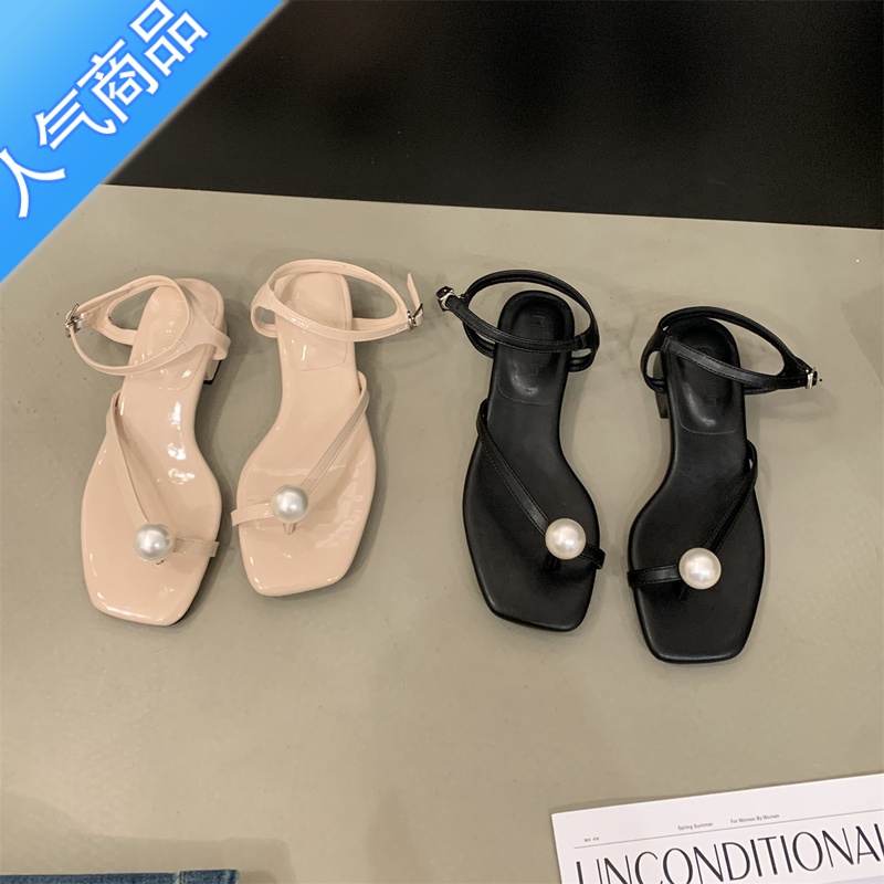 SUNTEK珍珠凉鞋女2023年新款韩版温柔仙女风气质一字扣带法式粗跟罗马鞋高清大图