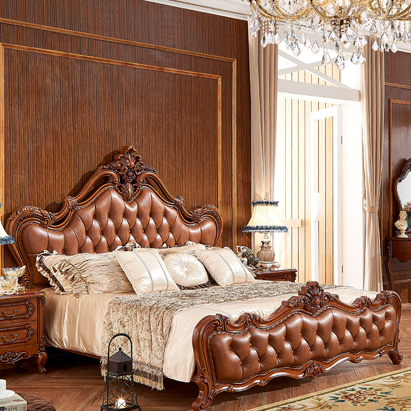 广木源欧式床仿古做旧18m实木床真皮双人床镂空美式床卧室乡村视频