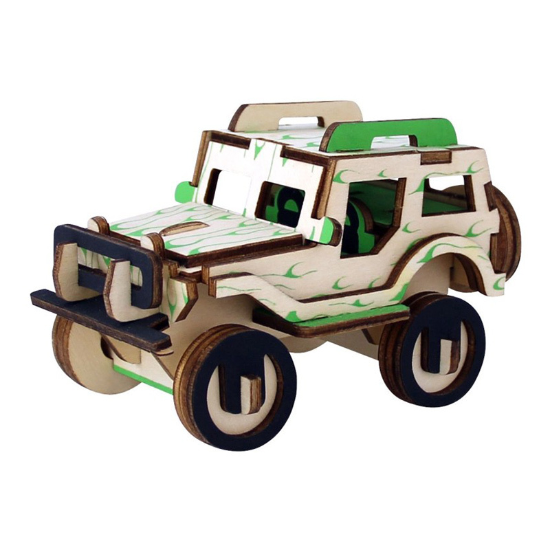 木质拼装车房子3d木制小学模型积木头益智力diy动物玩具 深卡其布色报