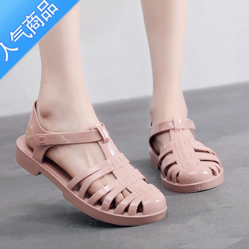 SUNTEK包头凉鞋女夏平底低跟软底透明水晶果冻鞋防滑防水沙滩鞋T鞋沙鞋高清大图