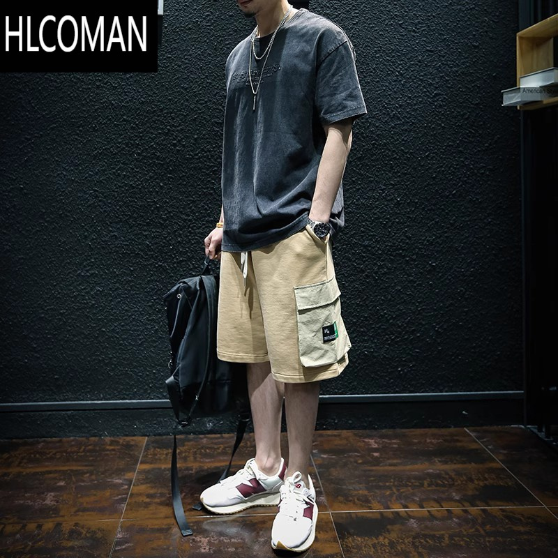 HLCOMAN夏季水洗美式短袖t恤男宽松潮牌ins大码半袖圆领潮流百搭体桖