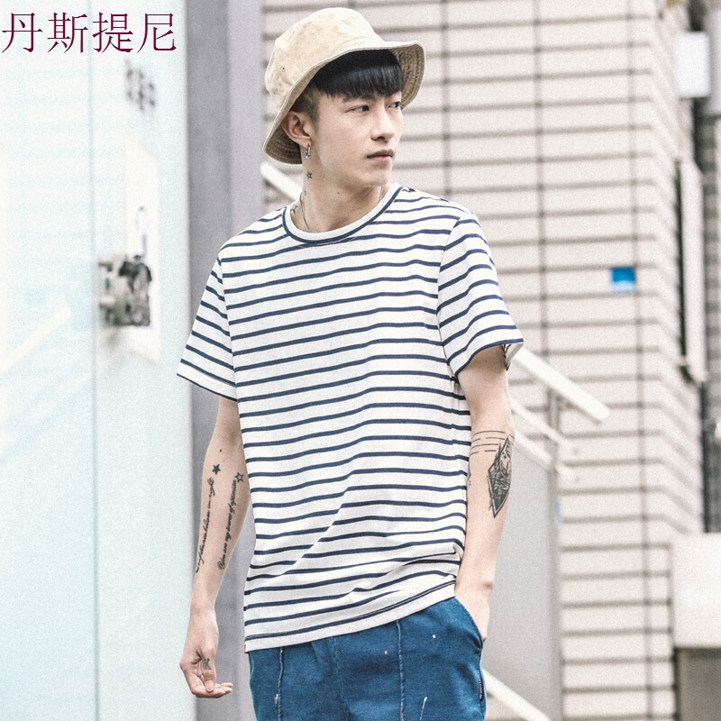 东京衣柜男装夏季百搭条纹短袖T恤学生小清新上衣圆领半袖体恤男