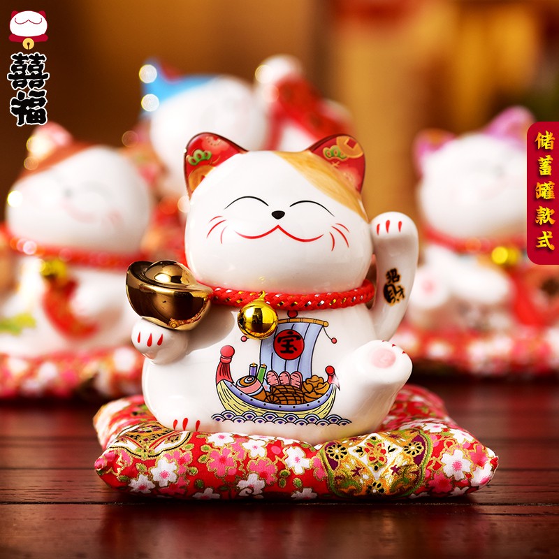 猫摆件存钱储蓄小号陶瓷前台礼品白色创意家居装饰4.5寸 三维工匠 4.5寸五福猫-白色一套5款猫高清大图