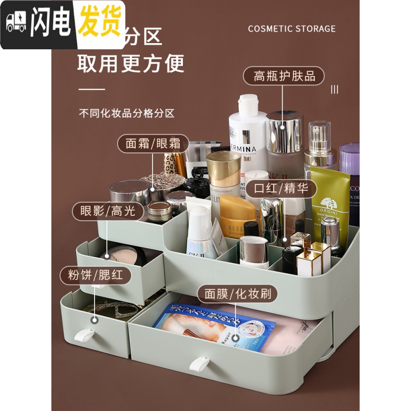 三维工匠化妆品收纳盒抽屉式 桌面置物架梳妆台放桌上箱北欧风格ins少女心高清大图