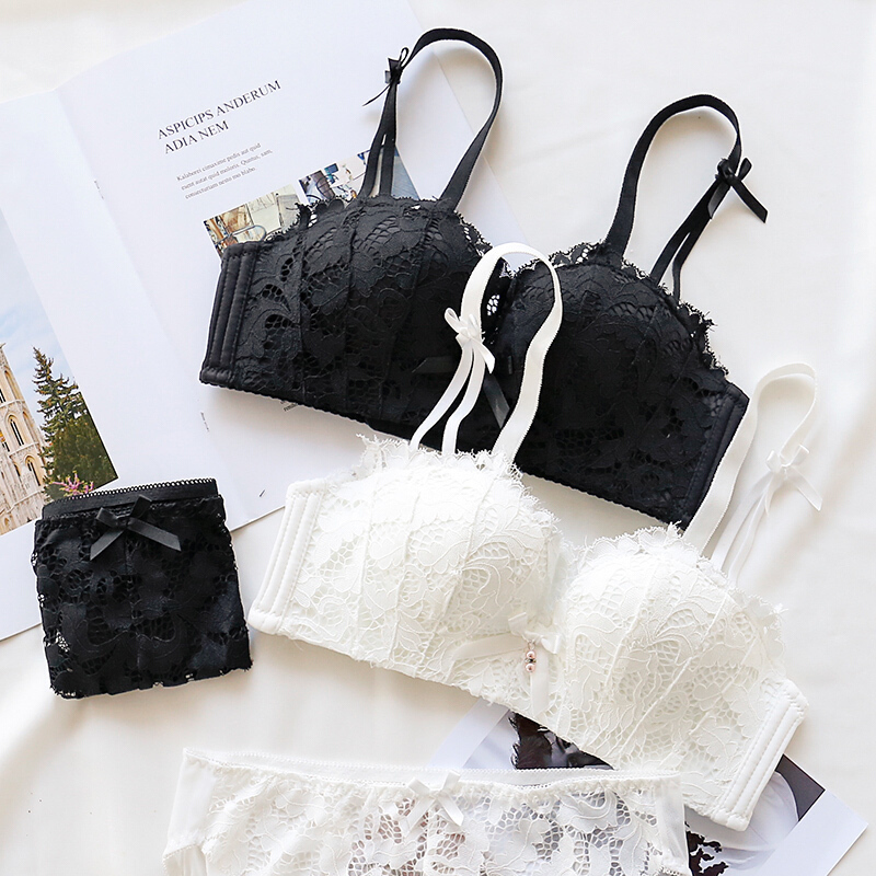 清新少女甜美蕾丝性感内衣套装无钢圈聚拢内衣收副乳薄杯整胸罩白色34