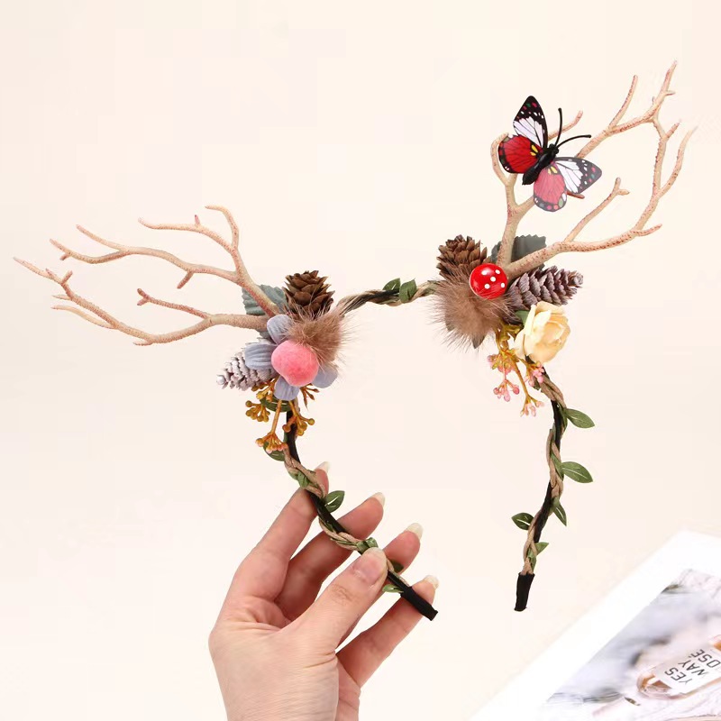 圣诞节头饰女发光头箍发饰压发发卡装扮森系小鹿角发箍麋鹿角发夹 蘑菇松果