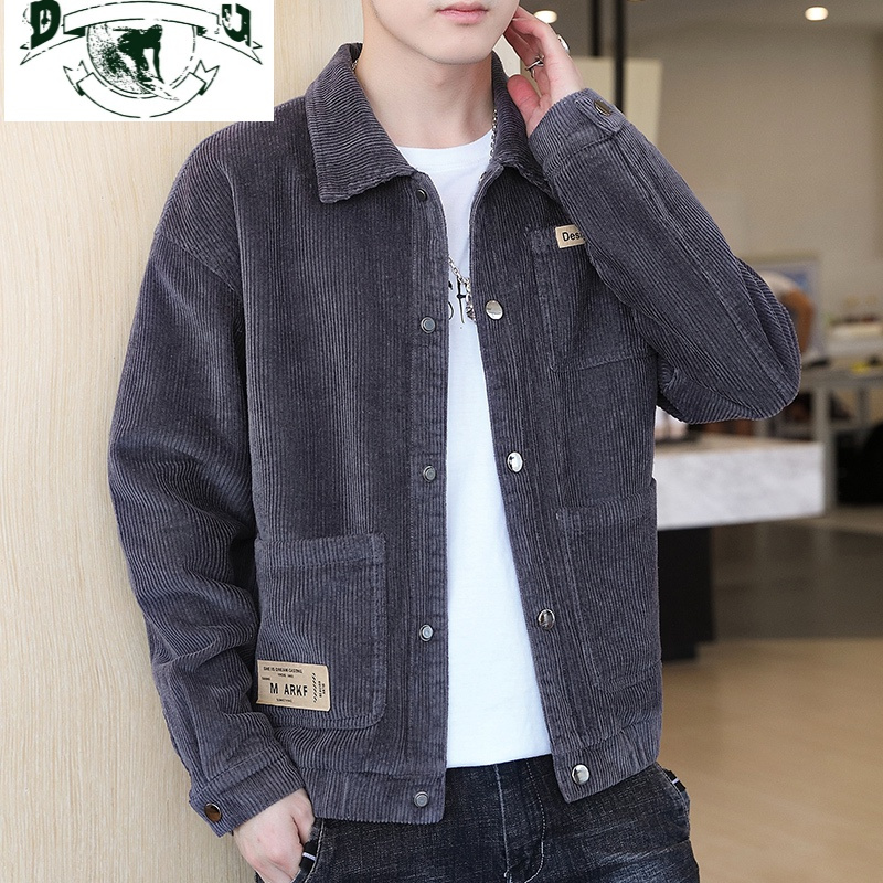 hlcoman灯芯绒外套男士春秋季韩版潮流帅气工装翻领短款宽松夹克男装