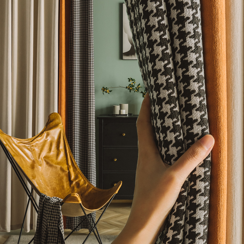 京城派 遮光窗帘千鸟格北欧简约现代挂钩雪尼尔窗帘打孔窗帘飘窗客厅帘子遮阳布纯色拼色轻奢卧室挂钩窗帘